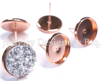 12mm Copper Rose Gold Stud Earring Blanks - Cabochon Bezel DIY Earrings - Comes With Earnuts