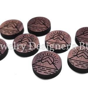 Caujones grabados de nogal al atardecer de 12 mm - Mountain Sun Horizon Engraved Wood Cabochon - Barniz semimate