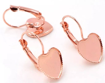 12mm Rose Gold Plated Copper Heart Shape Cabochon Settings - Leverback Earrings - DIY Earring - Bezel Hearts Earring Settings - 10pcs