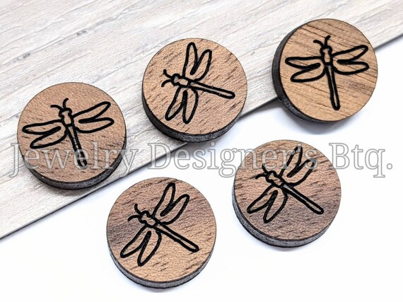 12mm Dragonfly Wood Cabochons - Leaves Wooden Embellishments - Cherrywood Walnut Birch, Pick Color - Semi-Matte Varnish