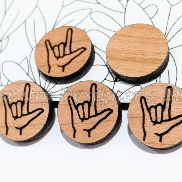 12mm ASL I Love You Engraved Wood Cabochons - Wooden Embellishments - Cherrywood Walnut Birch, Pick Color - Semi-Matte Varnish