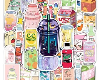 May include: A collection of colorful stickers featuring various beverages, including milk cartons, juice boxes, cans, and bottles. The stickers have Japanese and English text, including "Cactus Juice", "Orange Juice", "Milk", and "Dumb Bitch Juice".