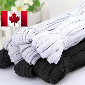 50 YARDAS, 1/4" Banda elástica - Cordón elástico trenzado plano de 6 mm - Elásticos de 1/4 de pulgada para máscaras - Barcos de Canadá - Negro o gris claro
