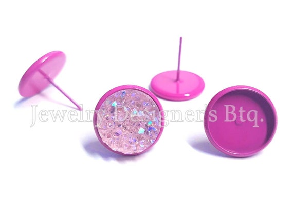 20pcs, 12mm Bezel Painted Magenta Cabochon Settings Stud Earring Findings Cabochons Earrings Components Post Studs Jewelry Hardware Supply