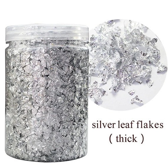 Silver Leaf Flakes - For Jewelry, Arts & Crafts - Not For Food - 1 Container of Silvery Deco - Jar Size 10cm x 6cm
