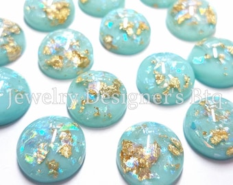 12mm Gold Leaf Iridescent Mylar Flakes Fire Opal Effect Resin Mint Flatback Cabochons