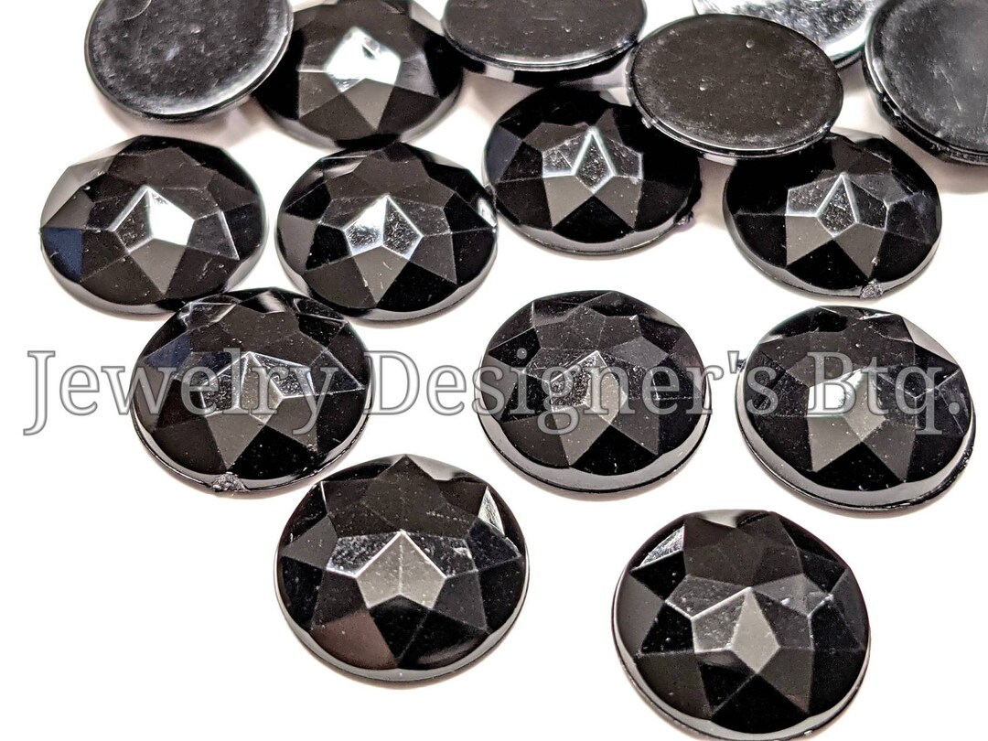 12mm Jet Black Faceted Circle Rhinestones - Acrylic Cabochon - Non ...