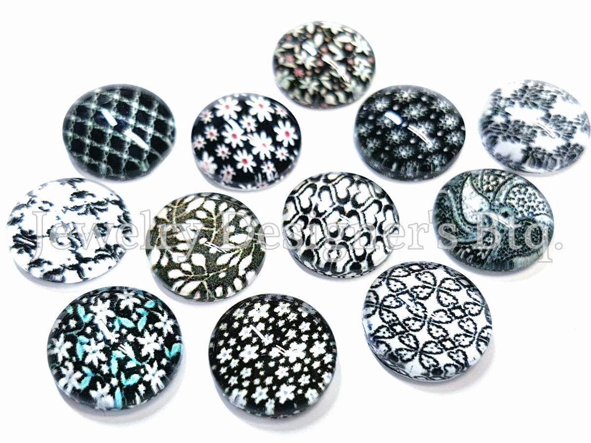 12mm Glass Photo Cabochons Assorted Pack Floral Daisy Heart Geometric ...