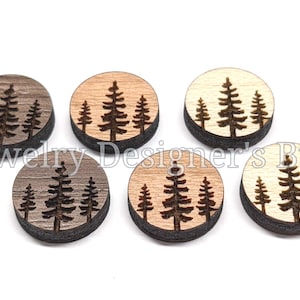 10mm Pine Trees Wood Cabochons - Leaves Wooden Embellishments - Cherrywood Walnut Birch, Pick Color - Semi-Matte Varnish