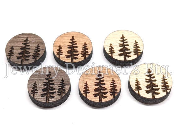 10mm Pine Trees Wood Cabochons - Leaves Wooden Embellishments - Cherrywood Walnut Birch, Pick Color - Semi-Matte Varnish
