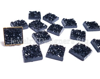 12mm Square Faux Druzy Quartz Resin Cabochons - Jet Black Handmade Chunky Flat Back Squares