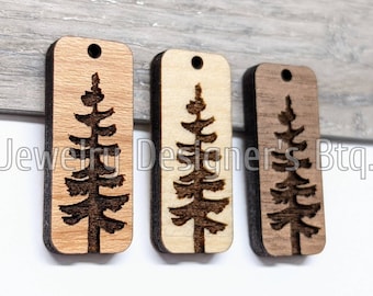 10mm x 25mm Pine Tree Engraved Wood Charms / Pendant - Rounded Corners Rectangle Trees - Semi-Matte Varnish - Custom Wood Color