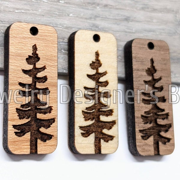 10mm x 25mm Pine Tree Engraved Wood Charms / Pendant - Rounded Corners Rectangle Trees - Semi-Matte Varnish - Custom Wood Color