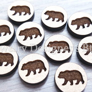 12mm Grizzly Bear Engraved Wood Cabochons - Veneer Wooden Slices - Semi-Matte Varnished