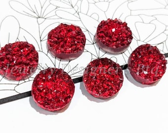 12mm Ruby Red Druzy Cabochon - Resin Faux Druzies Flatback - Translucent Cherry Crystal Effect - Silver Base - Thick Cut
