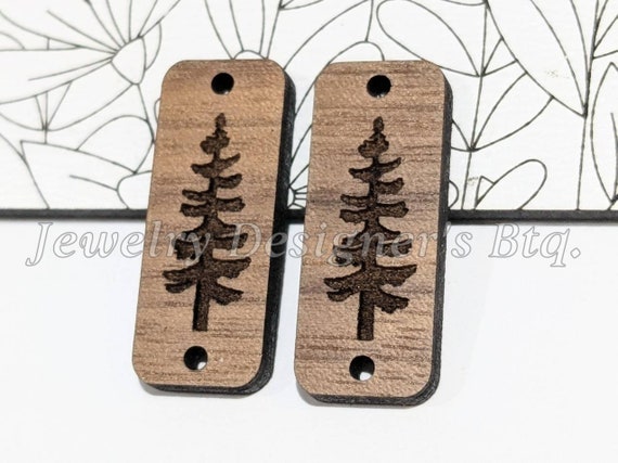 10mm x 25mm Pine Tree Engraved Wood Connector Charms - Rounded Corners Rectangle Trees - Semi-Matte Varnish - Custom Wood Color