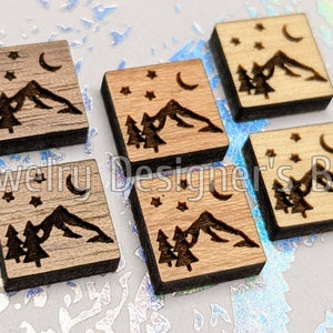 10mm Alberi Montagna Luna Stelle Cabochon - Abbellimenti in legno inciso profondo - Ciliegio, Noce, Betulla - Vernice semi-opaca
