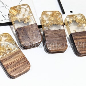Gold Foil Resin Wood Charms - Finished Wooden Rectangle Charm