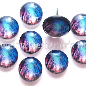 Cabochons photo en verre 12 mm - Forêt enchantée - Aurore boréale, aurores boréales, arbres
