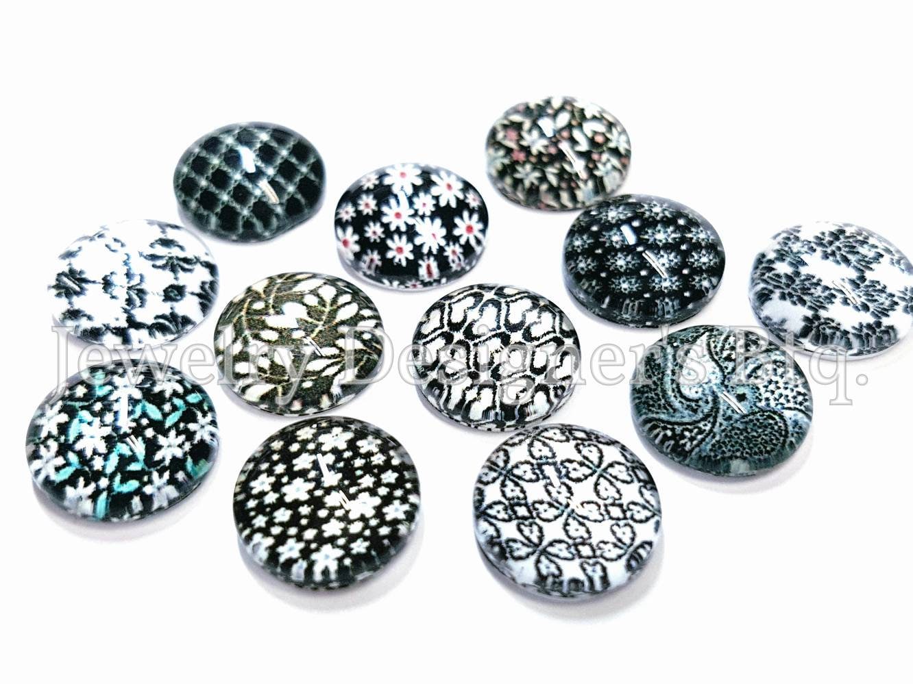 12mm Glass Photo Cabochons Assorted Pack Floral Daisy Heart Geometric ...