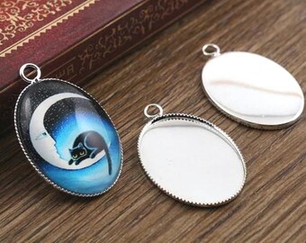 10pcs, 18x25mm Silver Plated Oval Cabochon Pendant Settings, 18mm x 25mm Bezel Cabochons Pendants Blank, Charms Necklace Bracelet Findings