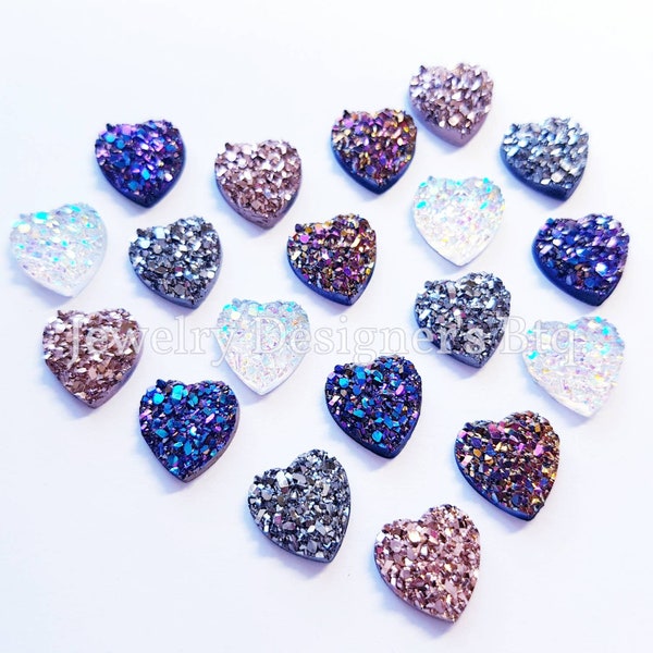 10mm Resin Druzy Hearts - Flatback Heart Faux Druzies - Rhinestone Cabochons - AB and Metallic Colors