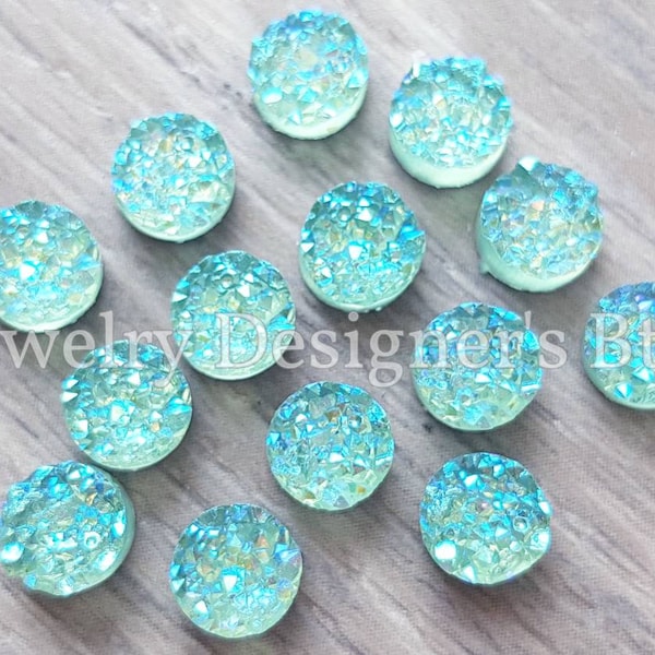 6mm AB Alice Blue Druzy Resin Cabochons - Azure Icey Mint Faux Druzies - Iridescent AB Round Cabochon