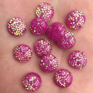 12mm Rose AB Glitter Resin Dome - Cabochon Plat Rond Irisé