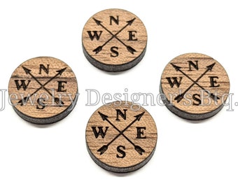 12mm Compass Wood Cabochons - N E S W Wooden Embellishments - Cherrywood Walnut Birch, Pick Color - Semi-Matte Varnish