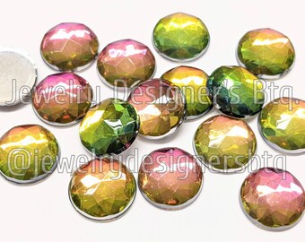 10mm Chameleon Color Faceted Circle Rhinestones - Acrylic Cabochon - Non-Hotfix Deco - Flat Back Embellishments