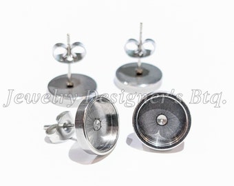 8mm Hypoallergenic Surgical Stainless Steel Stud Earring - Industrial Style Heavy Duty Cabochon Bezel - Comes With Earnuts