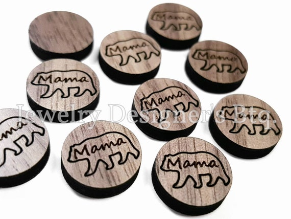 10mm Mama Bear Walnut Cabochon - Mother Bears Engraved Wooden Embellishments - Semi-Matte Varnish