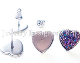 10mm Hypoallergenic Surgical Stainless Steel Heart Stud Earring Bezel Cabochon Settings Earrings Posts Jewelry Supplies