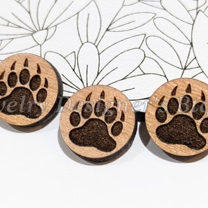 Cabochons en bois gravés patte d'ours 20 mm - Embellissements d'animaux en bois - cerisier noyer bouleau, choix de la couleur - vernis semi-mat