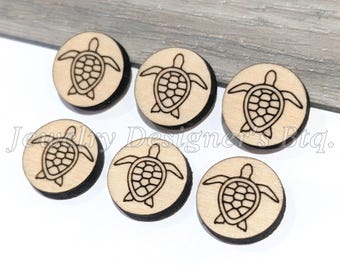12mm Sea Turtle Engraved Wood Cabochons - Animal Wooden Embellishments - Cherrywood Walnut Birch, Pick Color - Semi-Matte Varnish