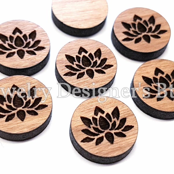 10mm Lotus Flower Wood Cabochon - Plant Engraved Wooden Embellishments - Pick Color, Walnut Cherry Birch - Semi-Matte Varnish