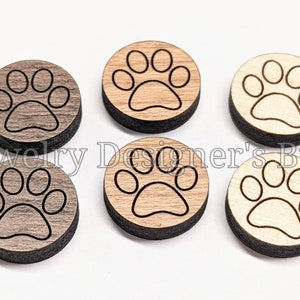 Cabochons en bois avec empreinte de patte de 10 mm - Embellissements en bois d'animaux - Merisier Noyer Bouleau, Choisissez la couleur - Vernis semi-mat
