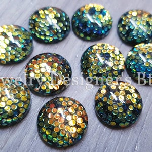 12mm Black Emerald AB Glitter Resin Dome - Cabochon Rond Irisé Plat