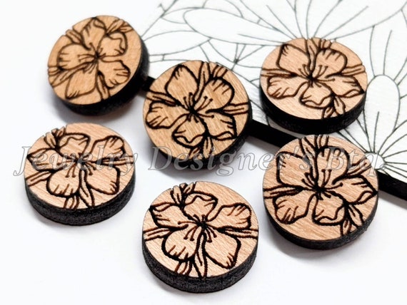 12mm Cherry Blossom Engraved Wood Cabochons - Leaves Wooden Embellishments - Cherrywood Walnut Birch, Pick Color - Semi-Matte Varnish