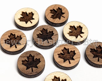 12mm Maple Leaf Wood Cabochons - Leaves Wooden Embellishments - Cherrywood Walnut Birch, Pick Color - Semi-Matte Varnish