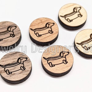 Cabochons en bois de teckel 12 mm - décorations en bois pour chiots hot-dog - cerisier noyer bouleau, choix la couleur - vernis semi-mat