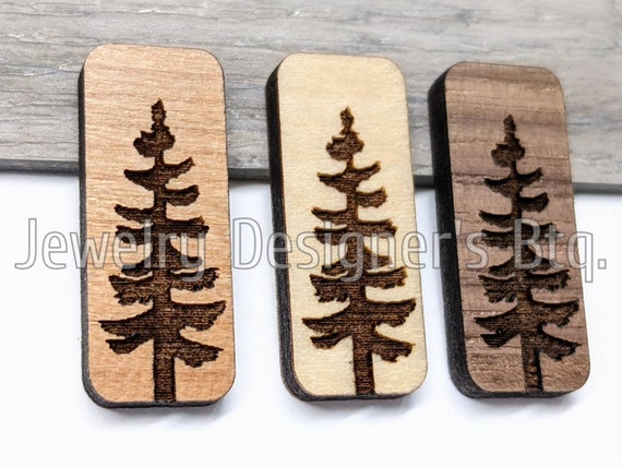 10mm x 25mm Pine Tree Engraved Wood Cabochons - Rounded Corners Rectangle Trees - Semi-Matte Varnish - Custom Wood Color