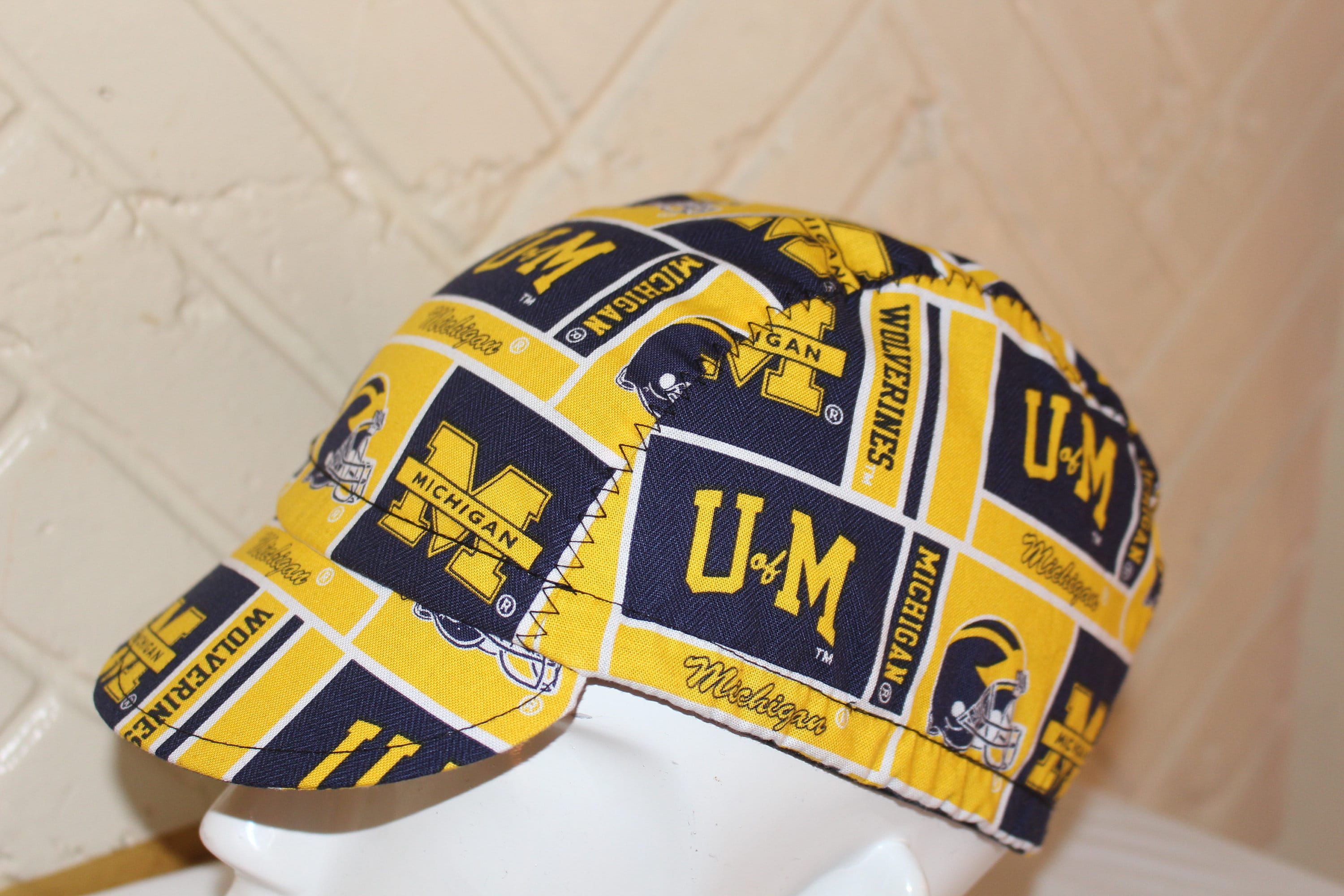 cycling cap Michigan Wolverines college football handmade cotton print M L