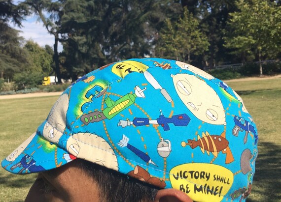 CYCLING CAP STEWIE FAMILY GUY 100/% COTTON PRINT ONE SIZE OR ANY SIZE HANDMADE
