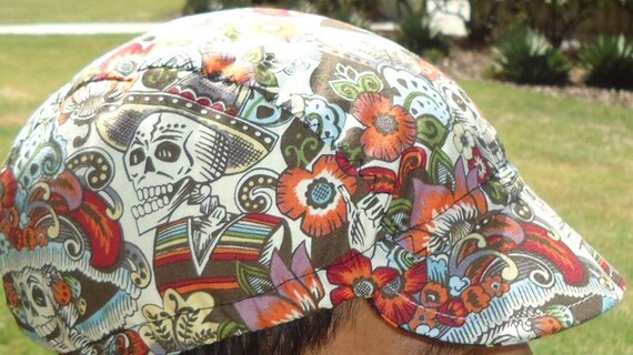 CYCLING CAP ONE SIZE HANDMADE IN USA SKULL DIA DE MUERTOS 100/% COTTON