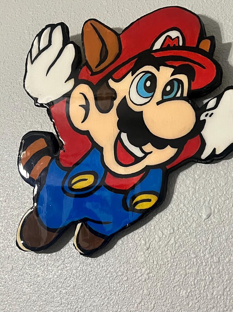Mario Flying Racoon Mario Wood Cutout Wall Art, Hand Painted Plywood Sign, Glossy Resin ...