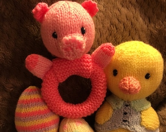 Pdf knitting pattern for Easter Collection of Piggy Rattle, Chick Toy and Egg Rattles for baby by Angela Turner