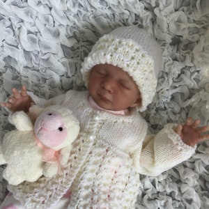 Pdf knitting pattern download Lacy Cardi and hat for preemies 10inch chest by Angela Turner
