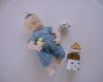 Pdf Knitting Pattern download by Angela Turner Little Lily's Miniature Romper for one twelfth 2 1/2 inch doll's house baby doll