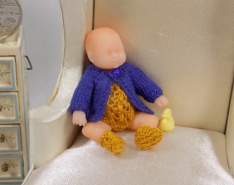 PDF 1:12 knitting pattern for doll's house new born baby lacy romper, cardi and booties by Angela Turner